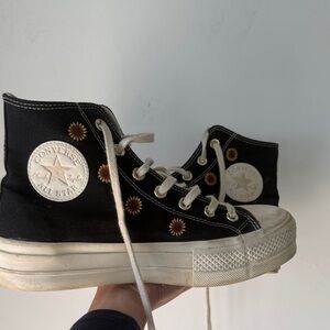 Converse Black High-Tops with Sunflower Embroidery